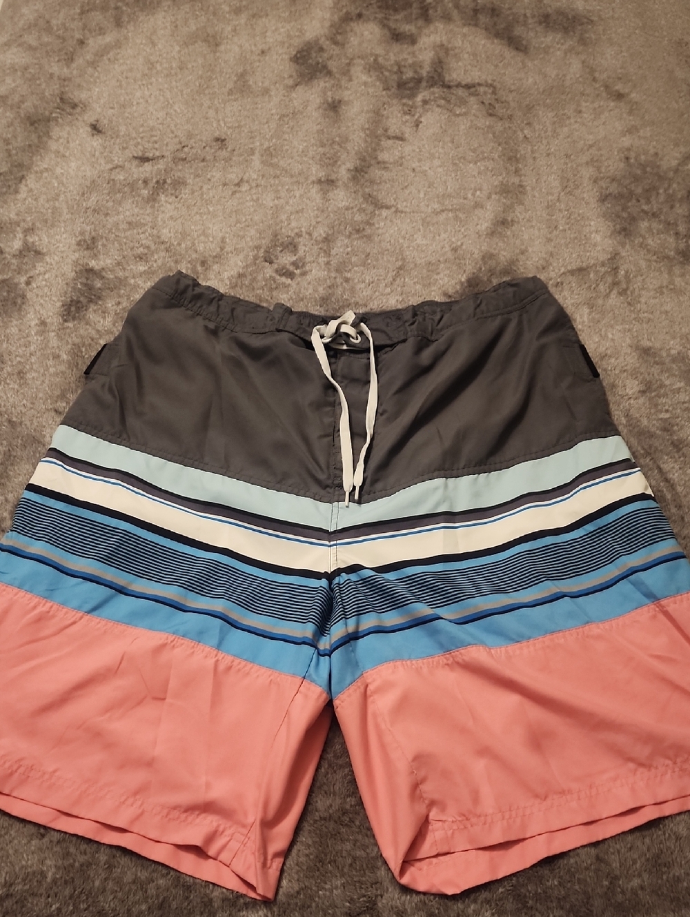 Men's Two-Tone Gray, Coral & Blue Stripe Swim Board Shorts